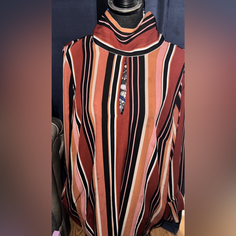 City Chic Rust Pink Black Striped Keyhole Turtleneck Top